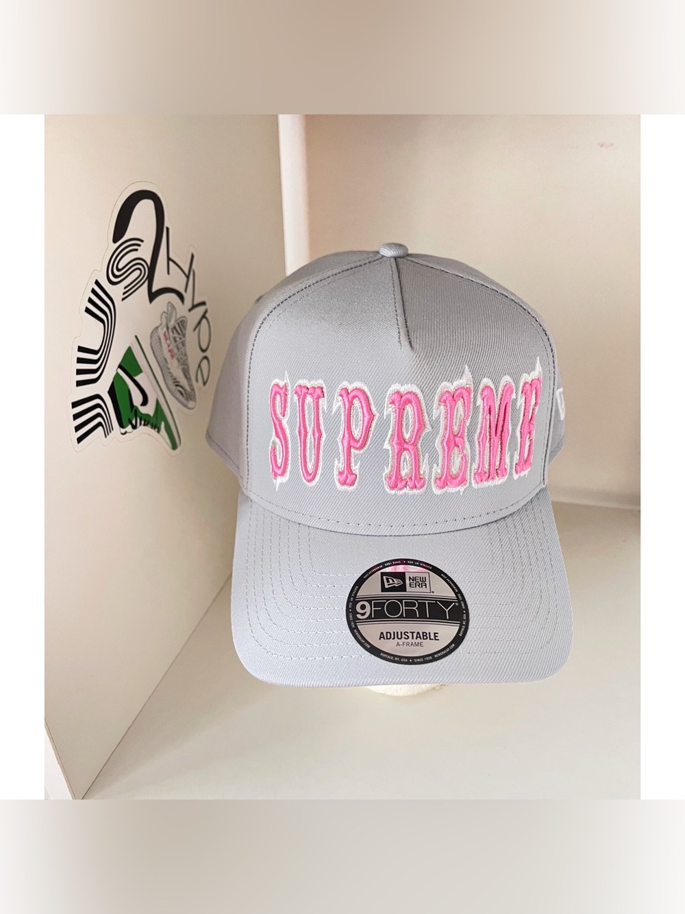 Supreme Gothic Outline Adjustable New Era Grey Hat Pink Embroidered Logo Brand